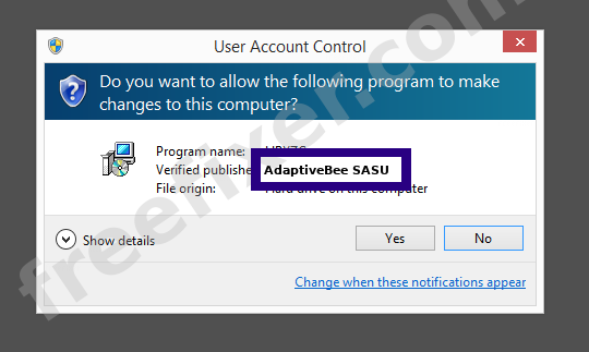 Screenshot where AdaptiveBee SASU appears as the verified publisher in the UAC dialog